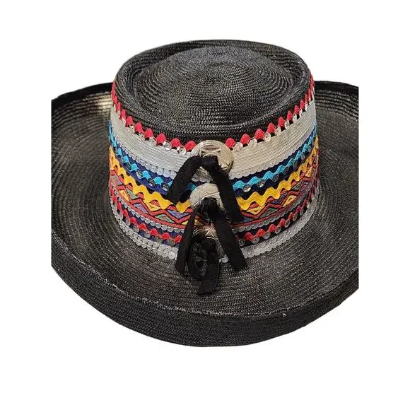 Vintage Southwest Statement Straw Hat Black Western Concho Festival Cowgirl Rare - Picture 4 of 13